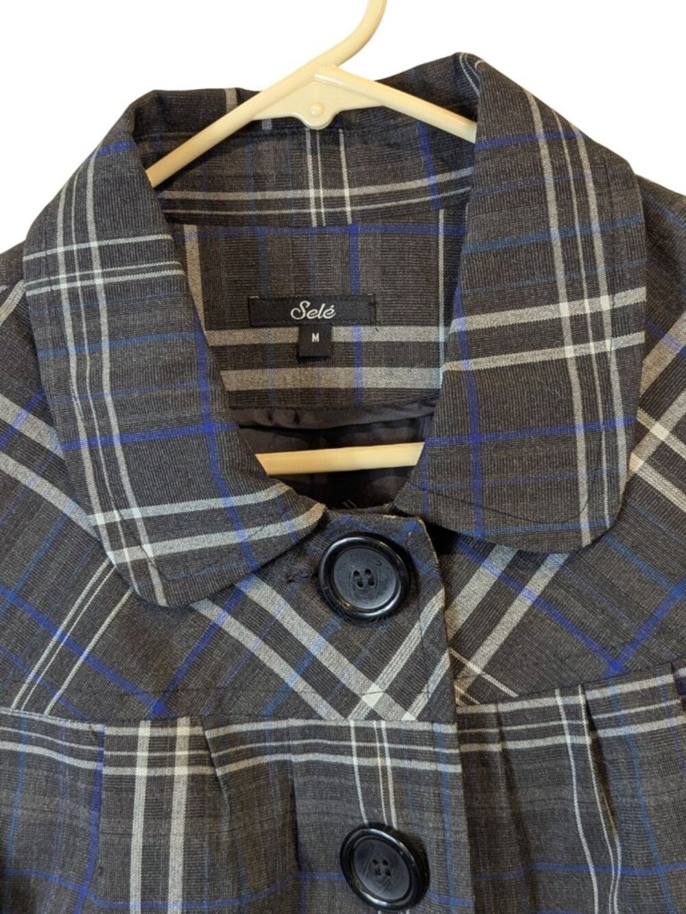 Sele M Charcoal Plaid Cropped Jacket Swing 3 Button 3/4 Sleeve Vintage Preppy - Picture 10 of 15